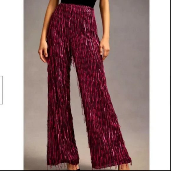 Anthropologie Maeve Sequined Wide Leg Pants Plum PETITE - Picture 5 of 10